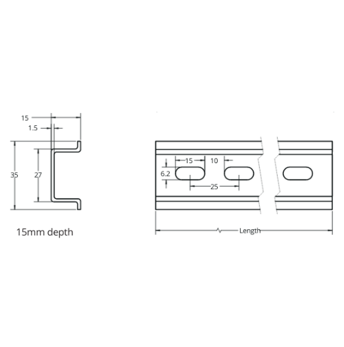 Din Rail, Steel Zinc Plated, 15mm x, 2m