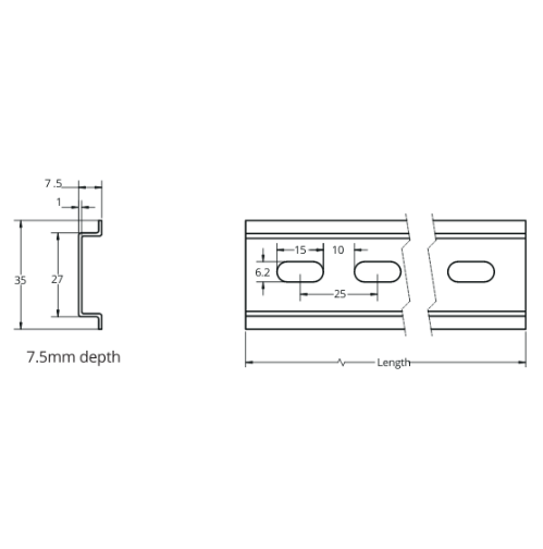 Din Rail, Steel Zinc Plated, 7.5mm x, 2m