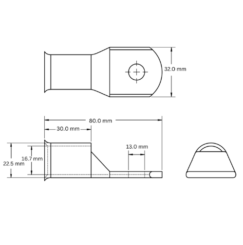 Bell Mouth Half Moon Tinned Copper Lug, 150mm2, 80mm2, 32mm Barrel